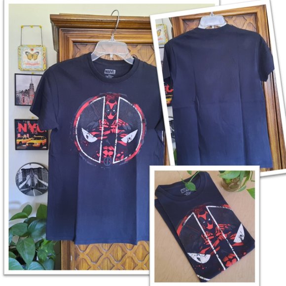 3/$15 MARVEL Deadpool Corss Armed Circle Splatter Distressed Logo Tee - Black, S - Picture 1 of 16